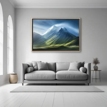 Green mountain landscape with dramatic mist and light — alpine wall art