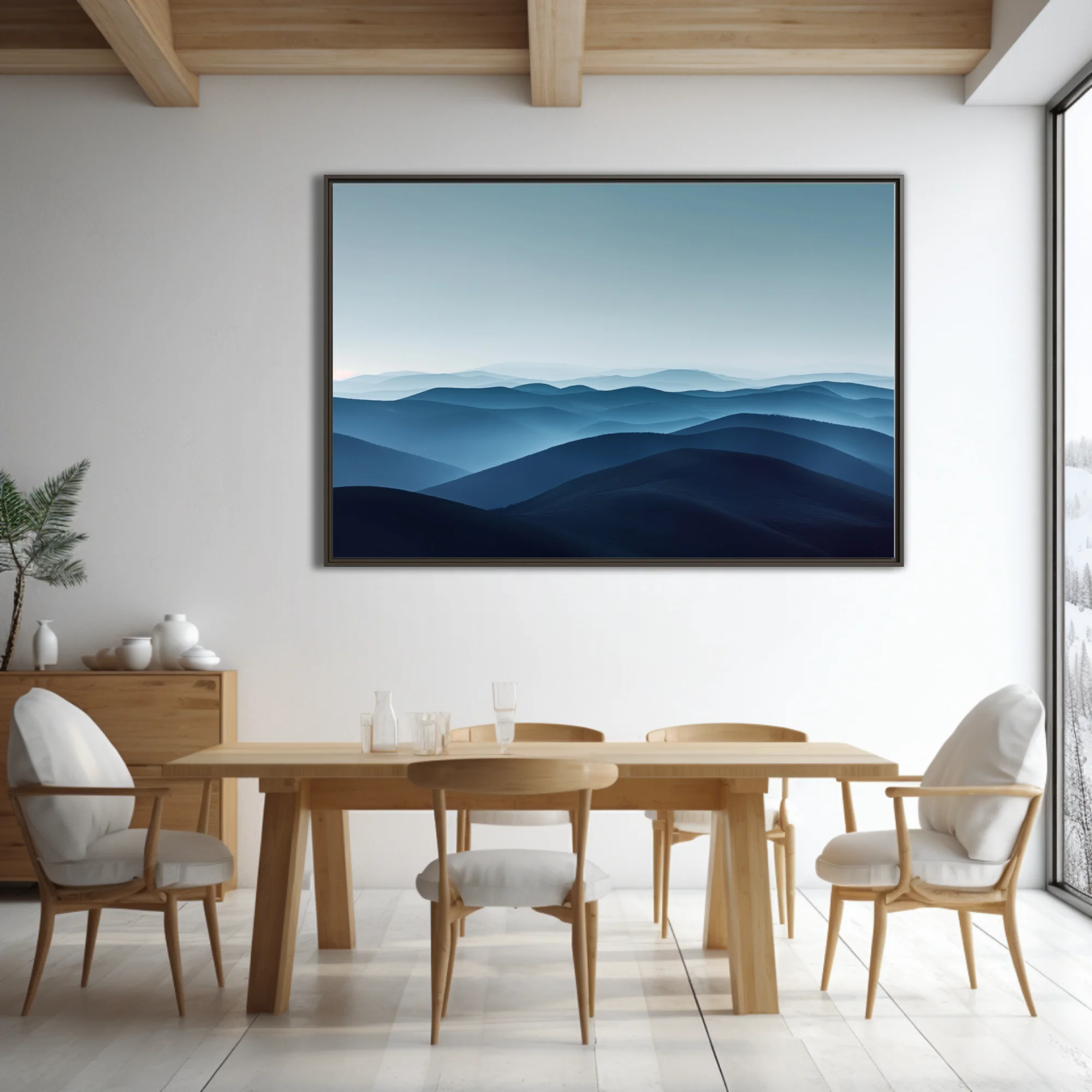 Minimalist misty mountain landscape layered blue tones atmospheric haze