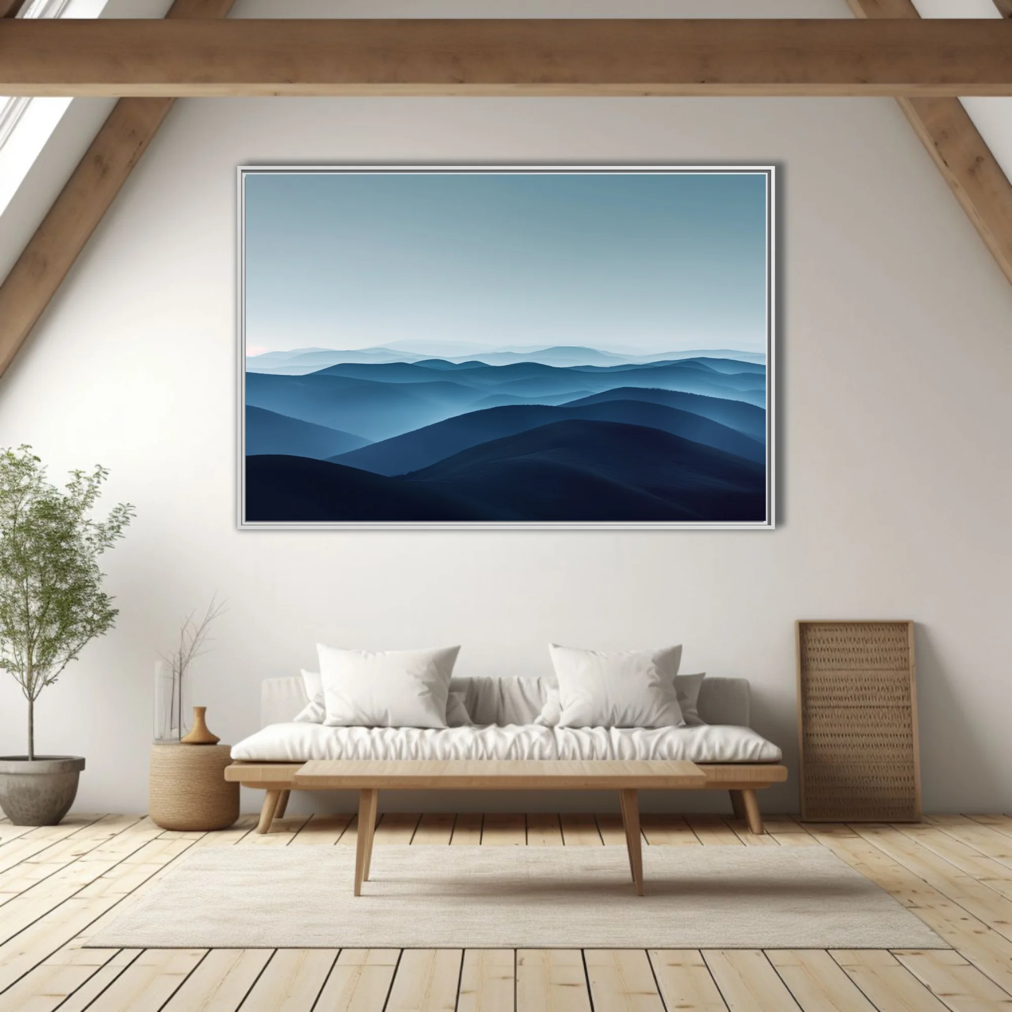 Minimalist misty mountain landscape layered blue tones atmospheric haze