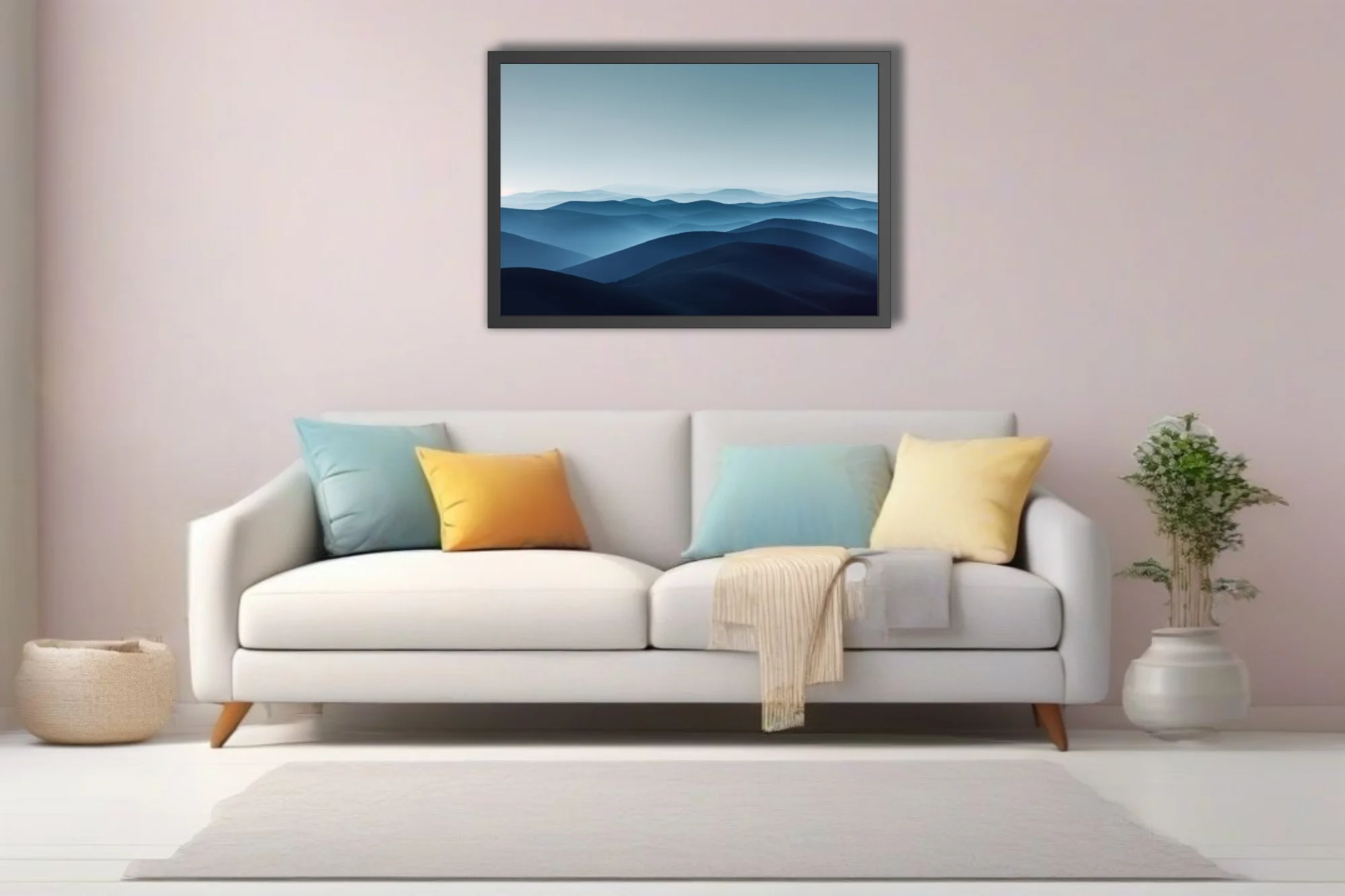 Minimalist misty mountain landscape layered blue tones atmospheric haze