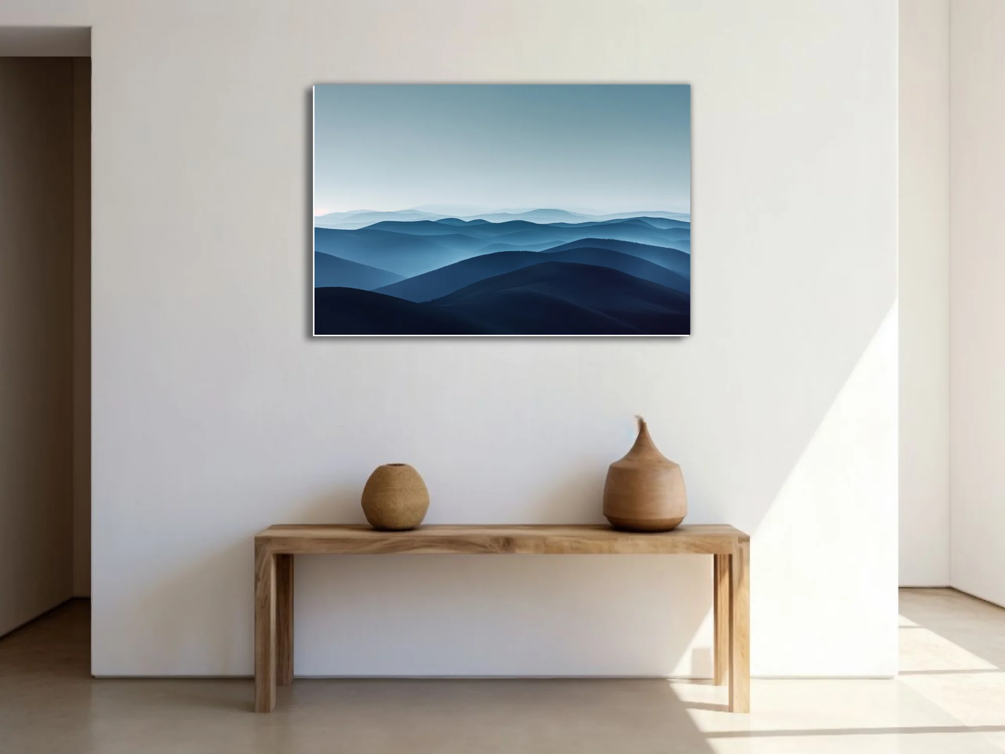 Minimalist misty mountain landscape layered blue tones atmospheric haze