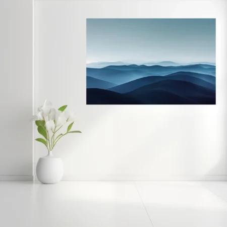 Minimalist misty mountain landscape layered blue tones atmospheric haze