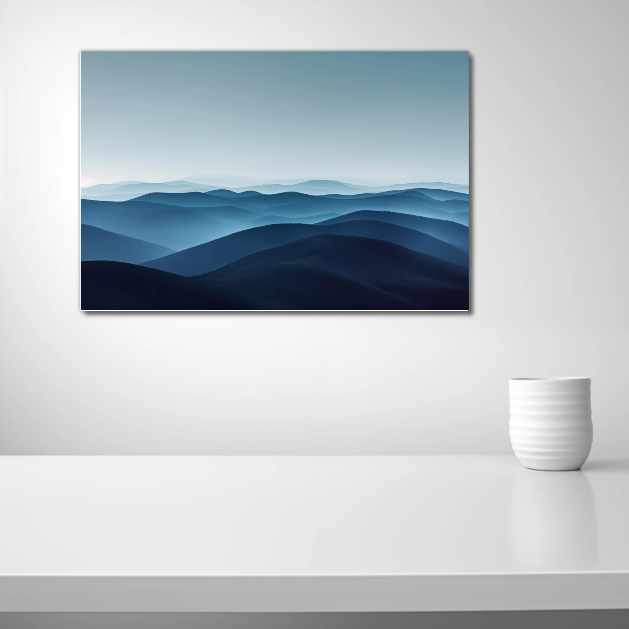 Minimalist misty mountain landscape layered blue tones atmospheric haze