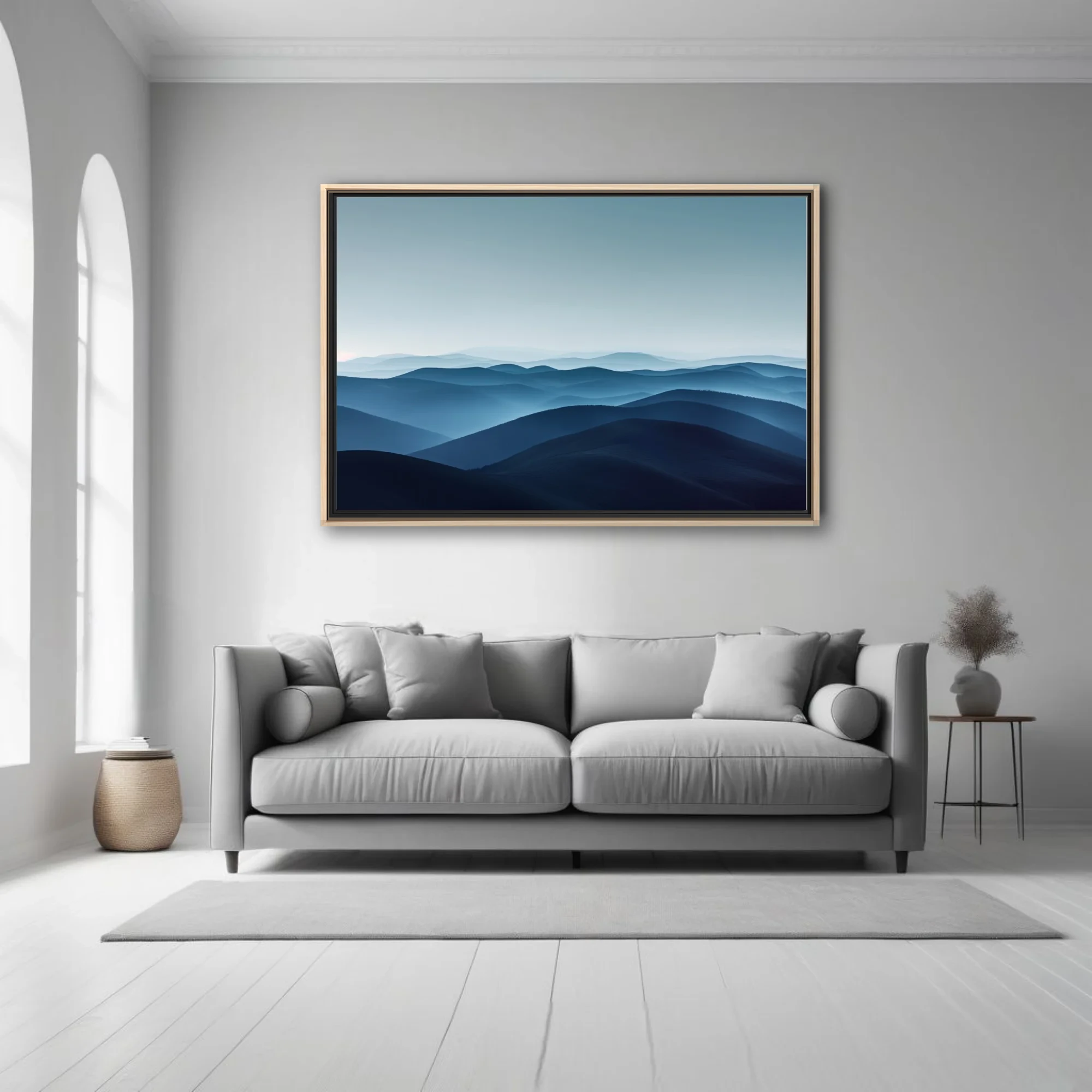 Minimalist misty mountain landscape layered blue tones atmospheric haze