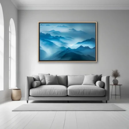 Aerial misty mountain ranges in layered blue ink-wash tones, dreamlike and ethereal