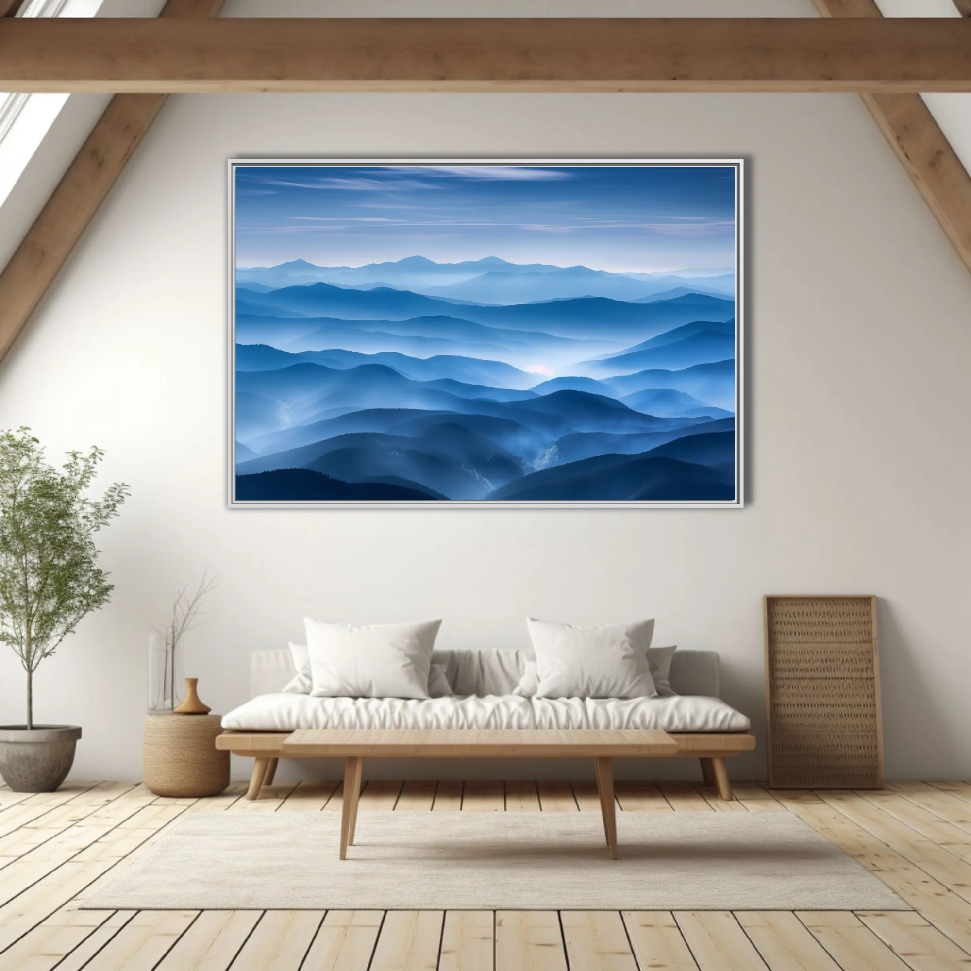 Misty layered mountain landscape in cool blue tones with atmospheric haze and soft glow