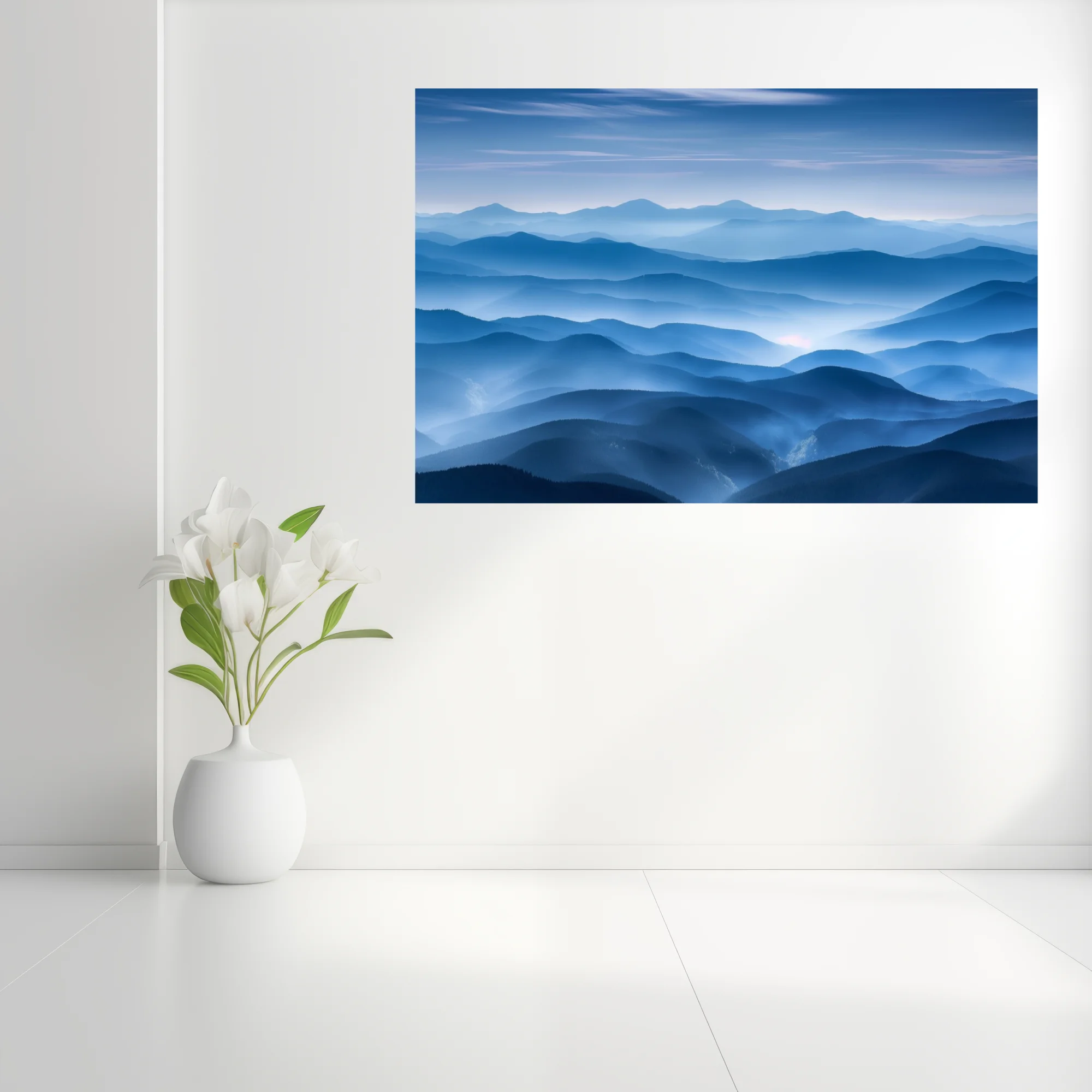Misty layered mountain landscape in cool blue tones with atmospheric haze and soft glow