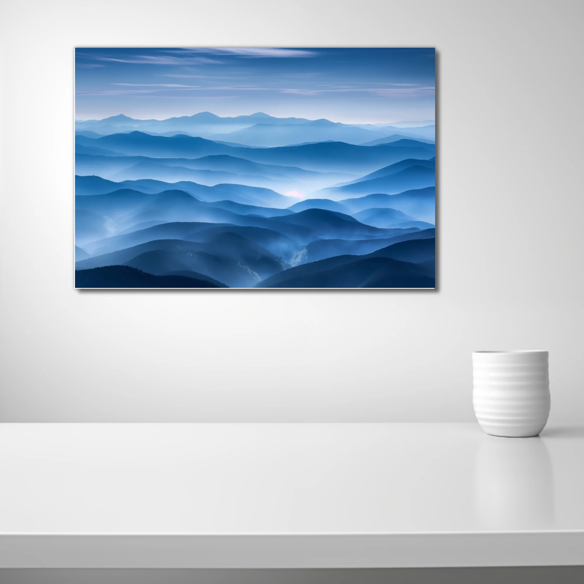 Misty layered mountain landscape in cool blue tones with atmospheric haze and soft glow