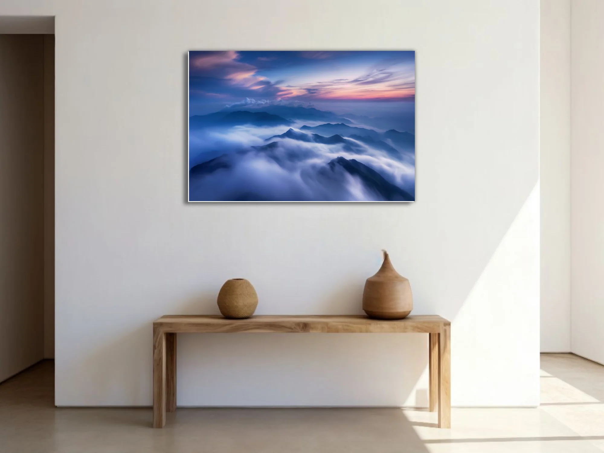 Aerial mountain cloudscape at twilight, deep blue and violet misty peaks