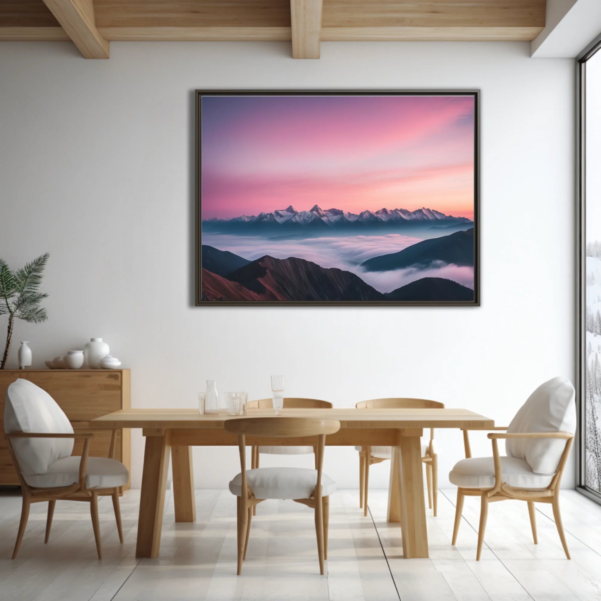 Mountain landscape with pink-violet sunrise sky and sea of clouds