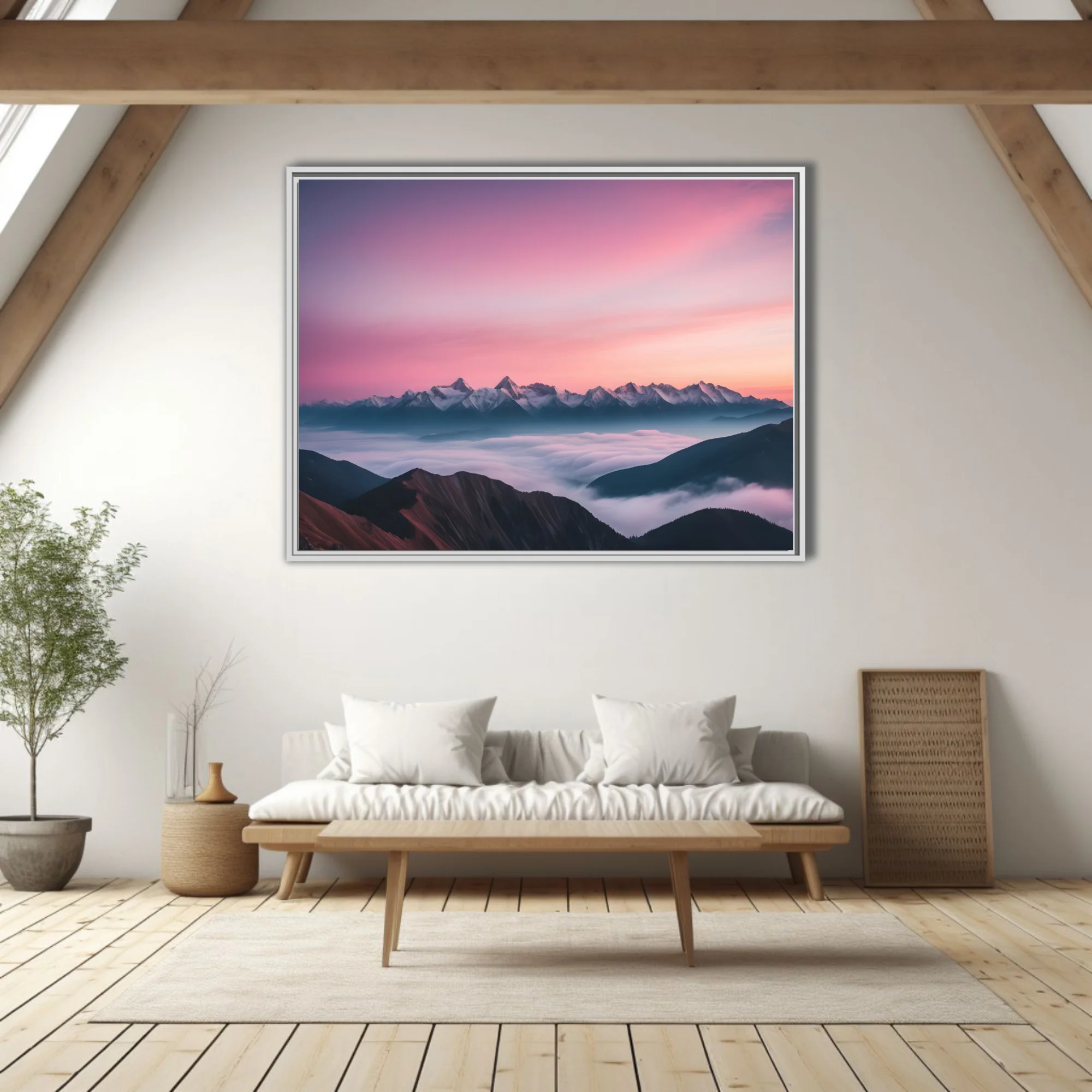 Mountain landscape with pink-violet sunrise sky and sea of clouds