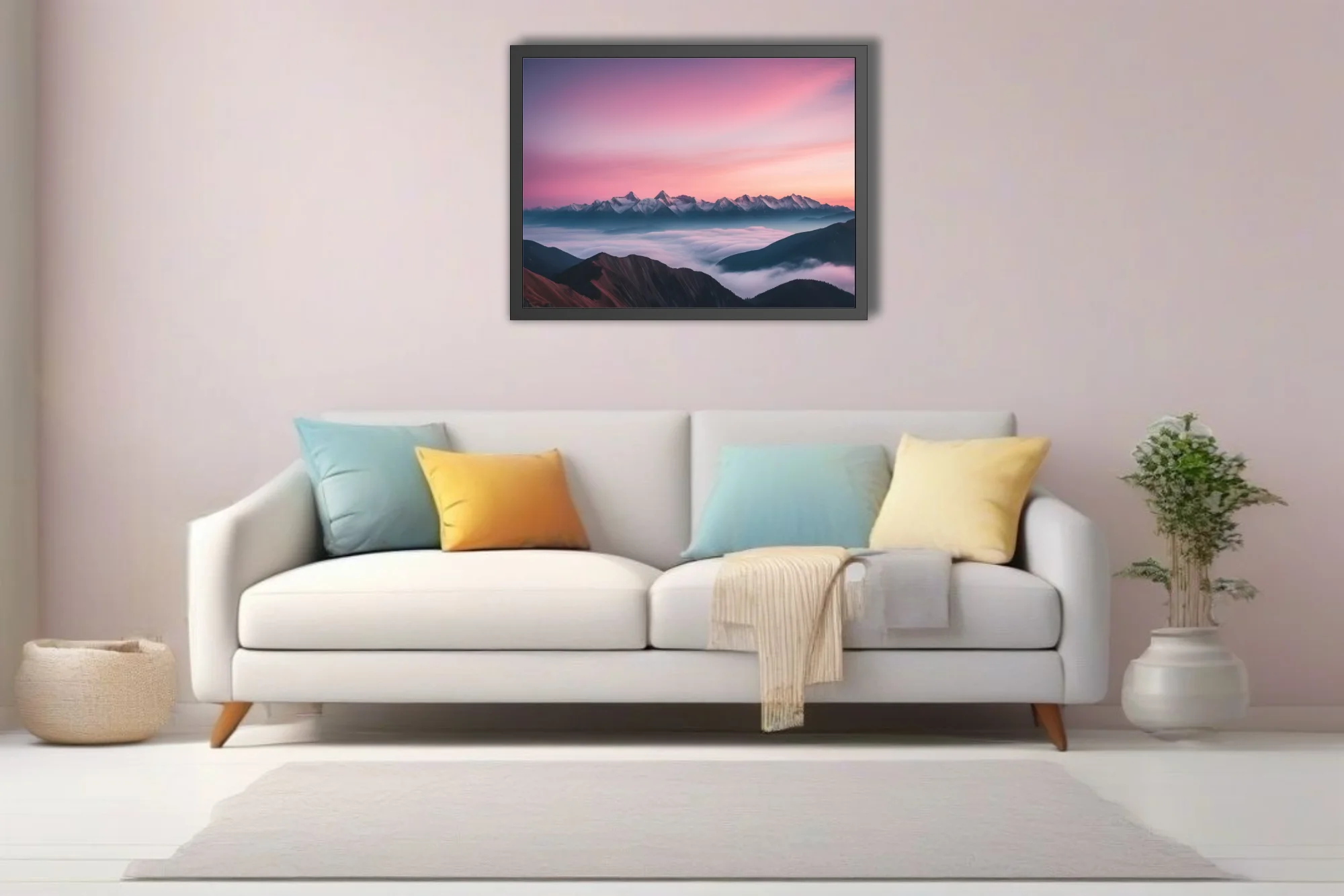 Mountain landscape with pink-violet sunrise sky and sea of clouds