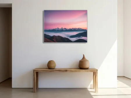 Mountain landscape with pink-violet sunrise sky and sea of clouds