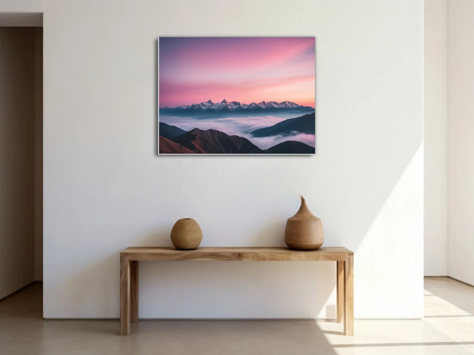 Mountain landscape with pink-violet sunrise sky and sea of clouds