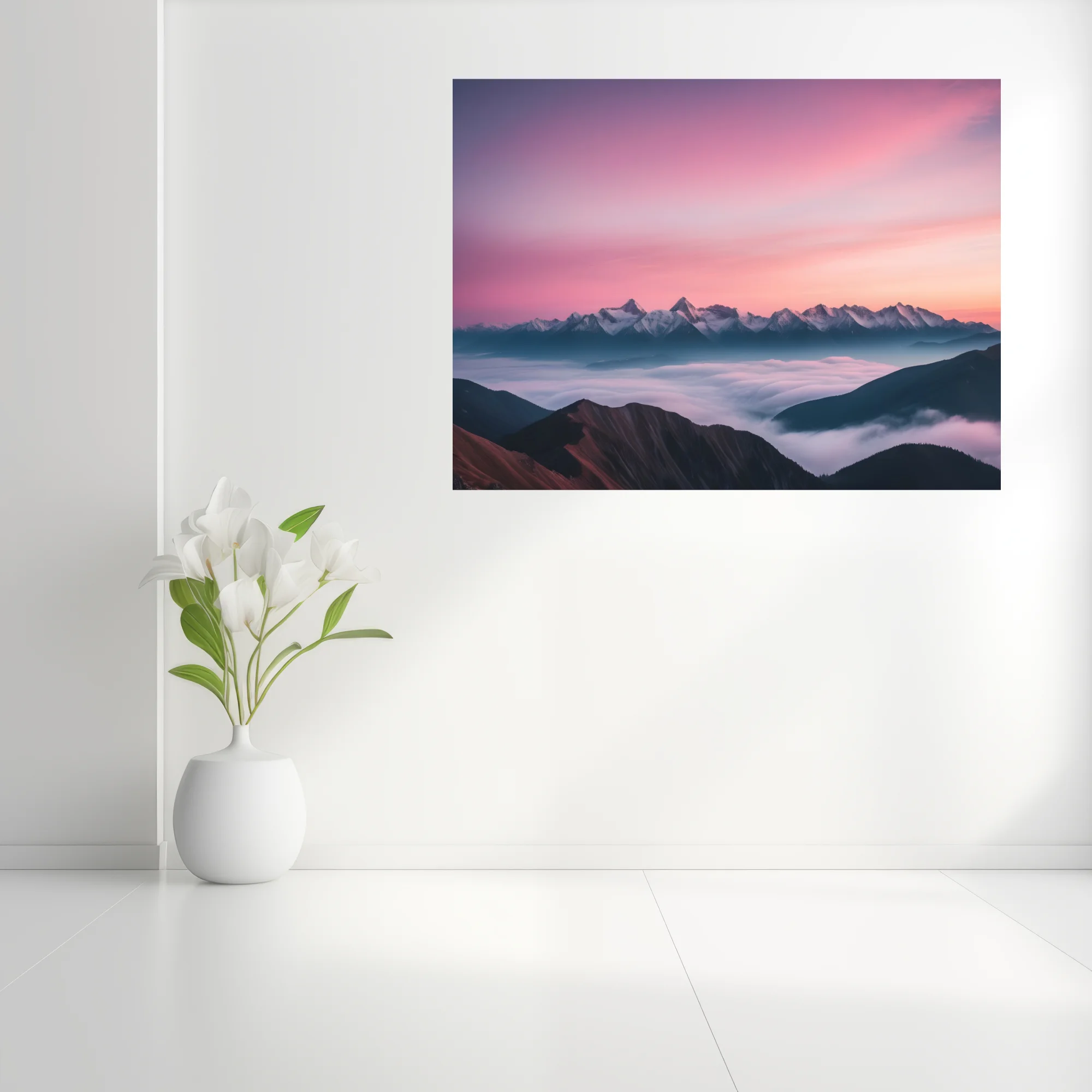 Mountain landscape with pink-violet sunrise sky and sea of clouds