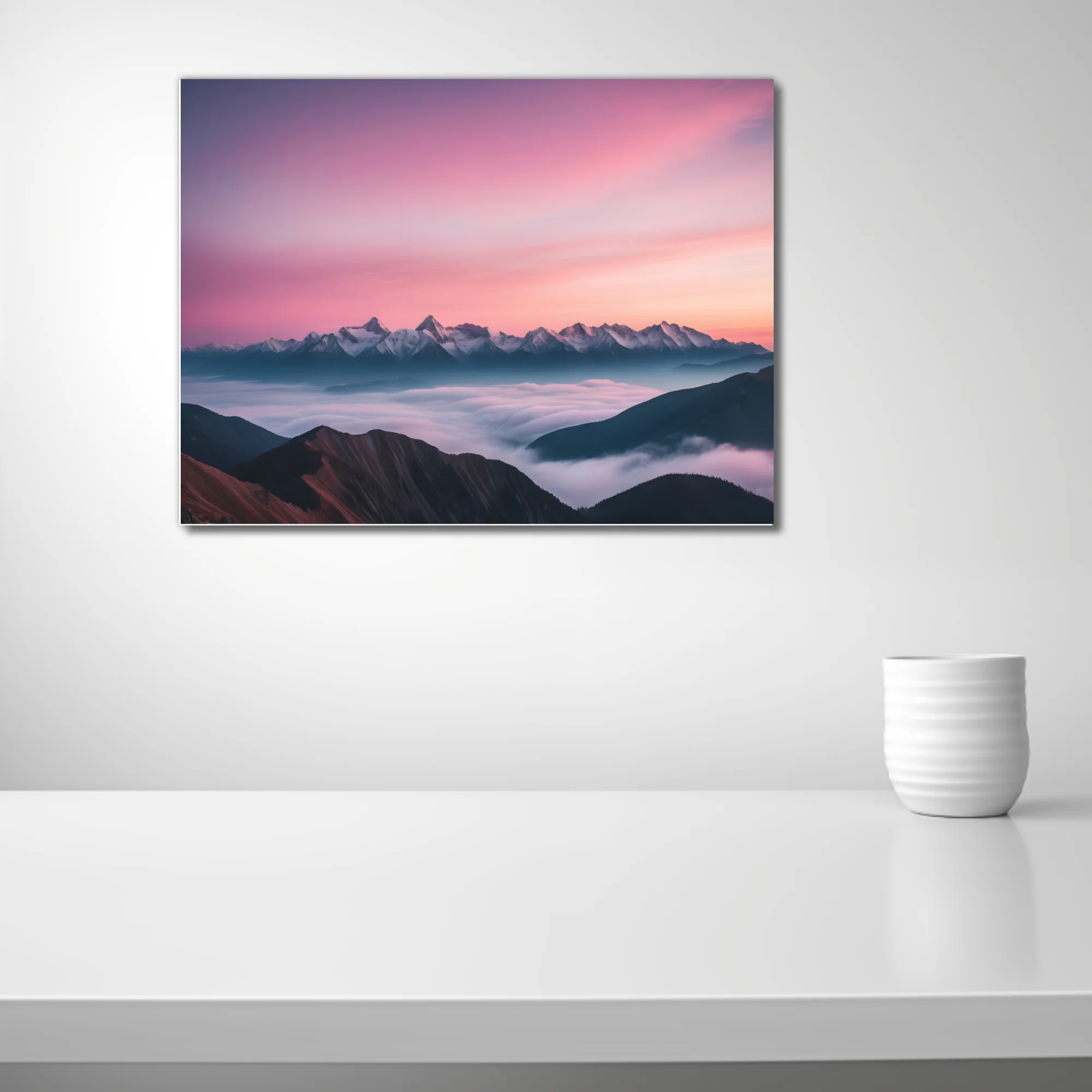 Mountain landscape with pink-violet sunrise sky and sea of clouds
