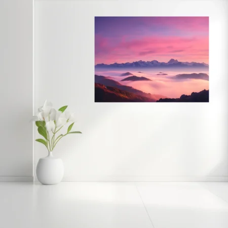 Pink-purple twilight mountain landscape above a sea of clouds