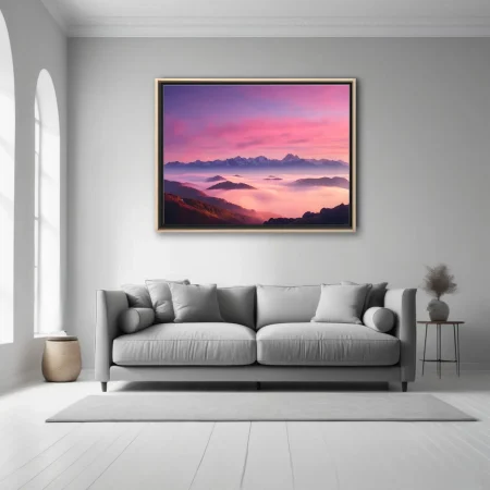 Pink-purple twilight mountain landscape above a sea of clouds