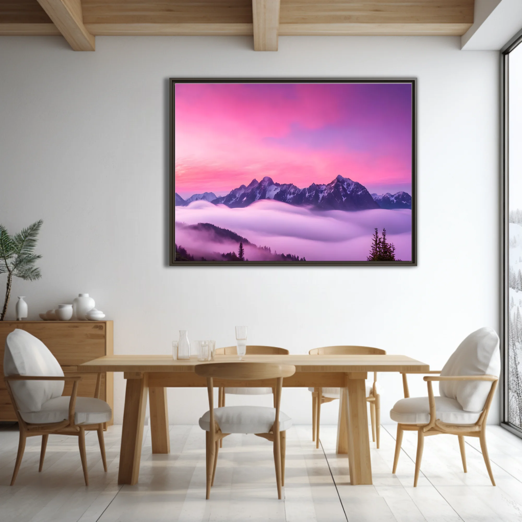 Dreamlike alpine peaks rising through pink-violet misty clouds at dramatic sunset