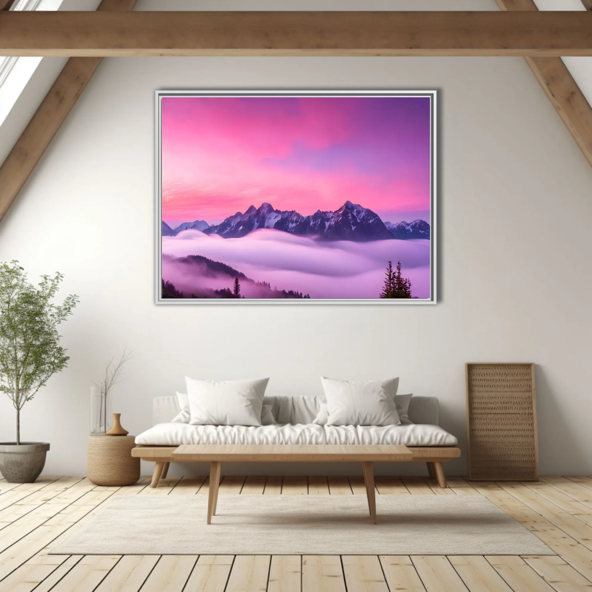 Dreamlike alpine peaks rising through pink-violet misty clouds at dramatic sunset