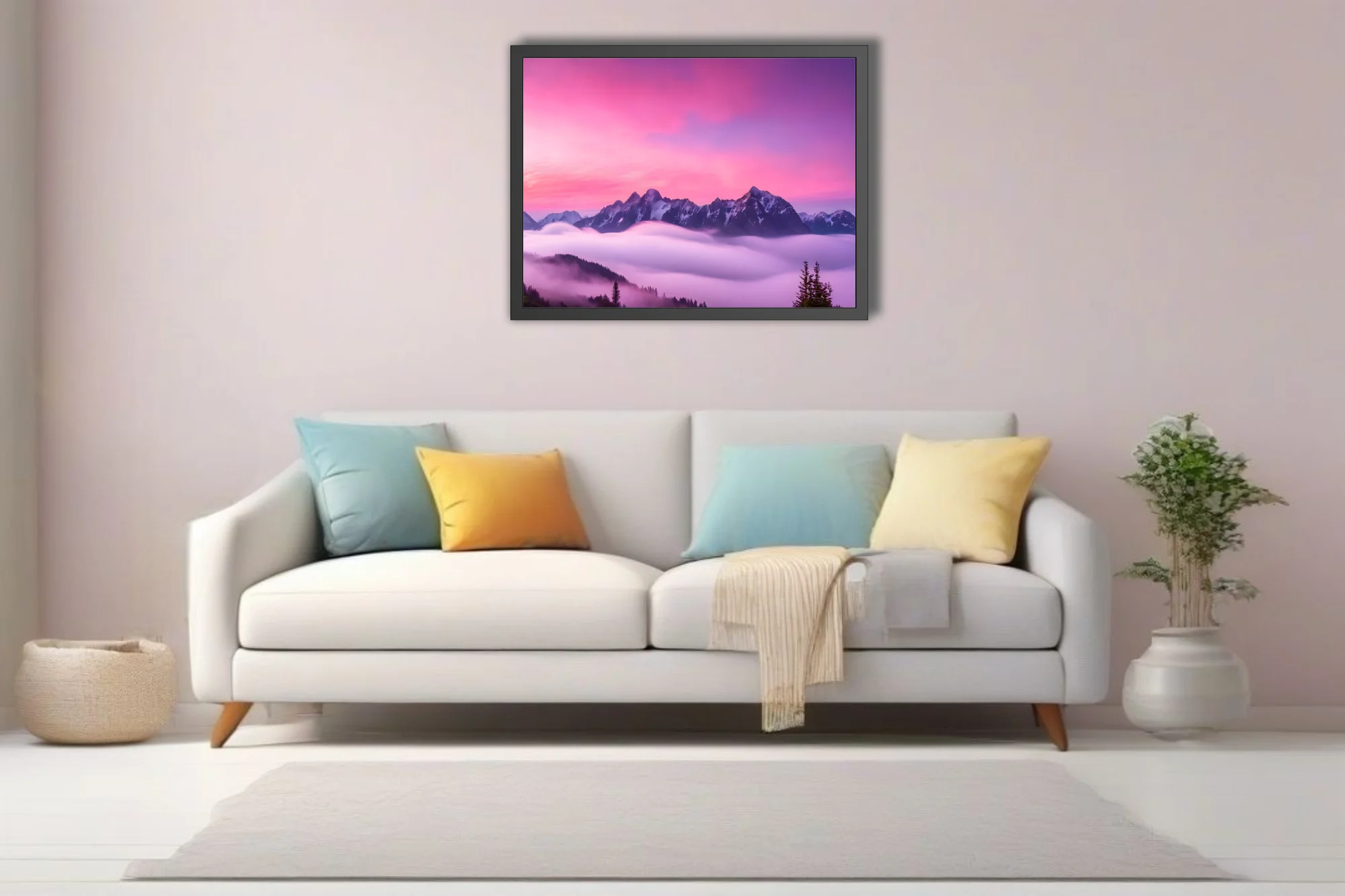 Dreamlike alpine peaks rising through pink-violet misty clouds at dramatic sunset
