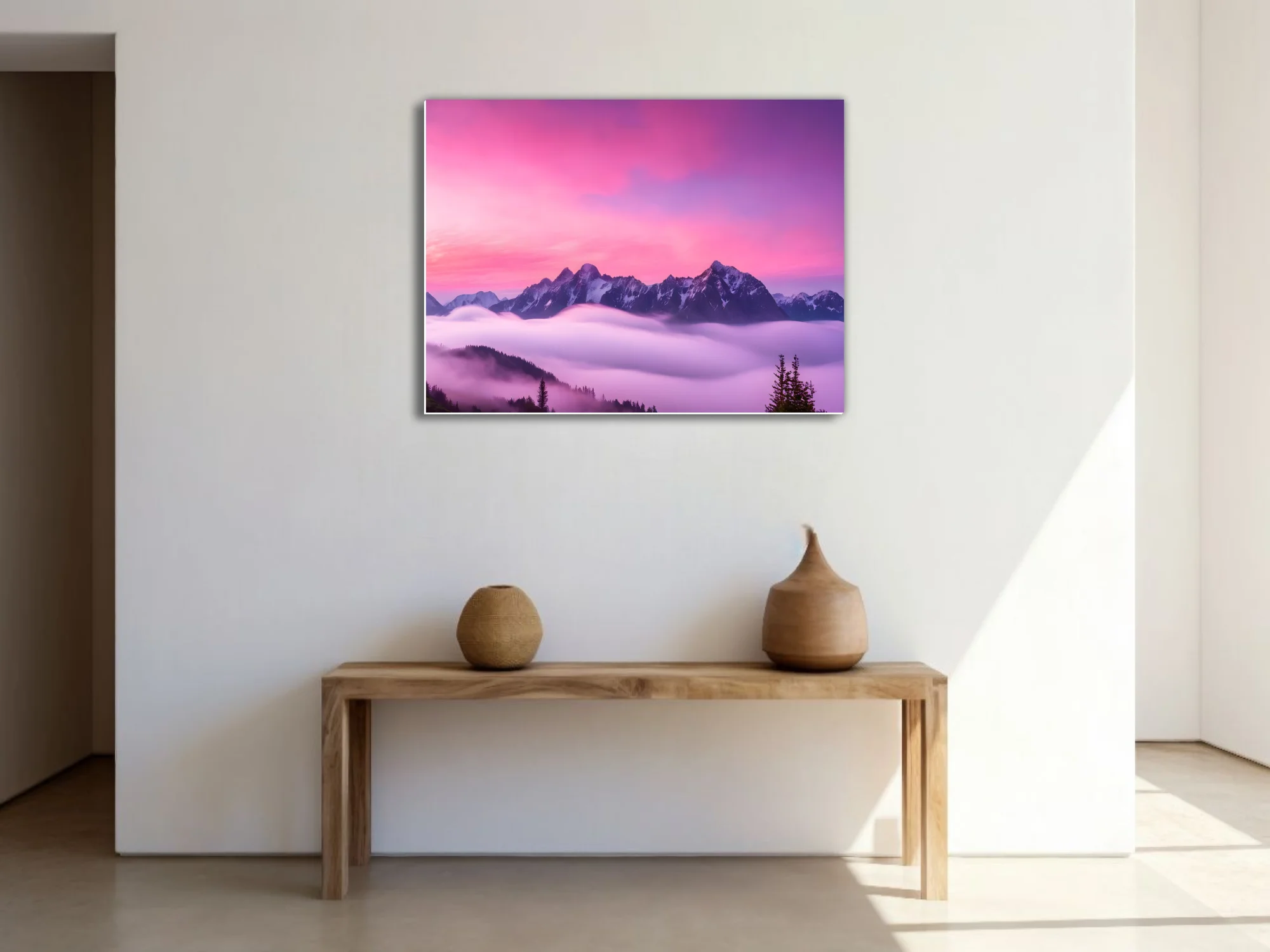 Dreamlike alpine peaks rising through pink-violet misty clouds at dramatic sunset