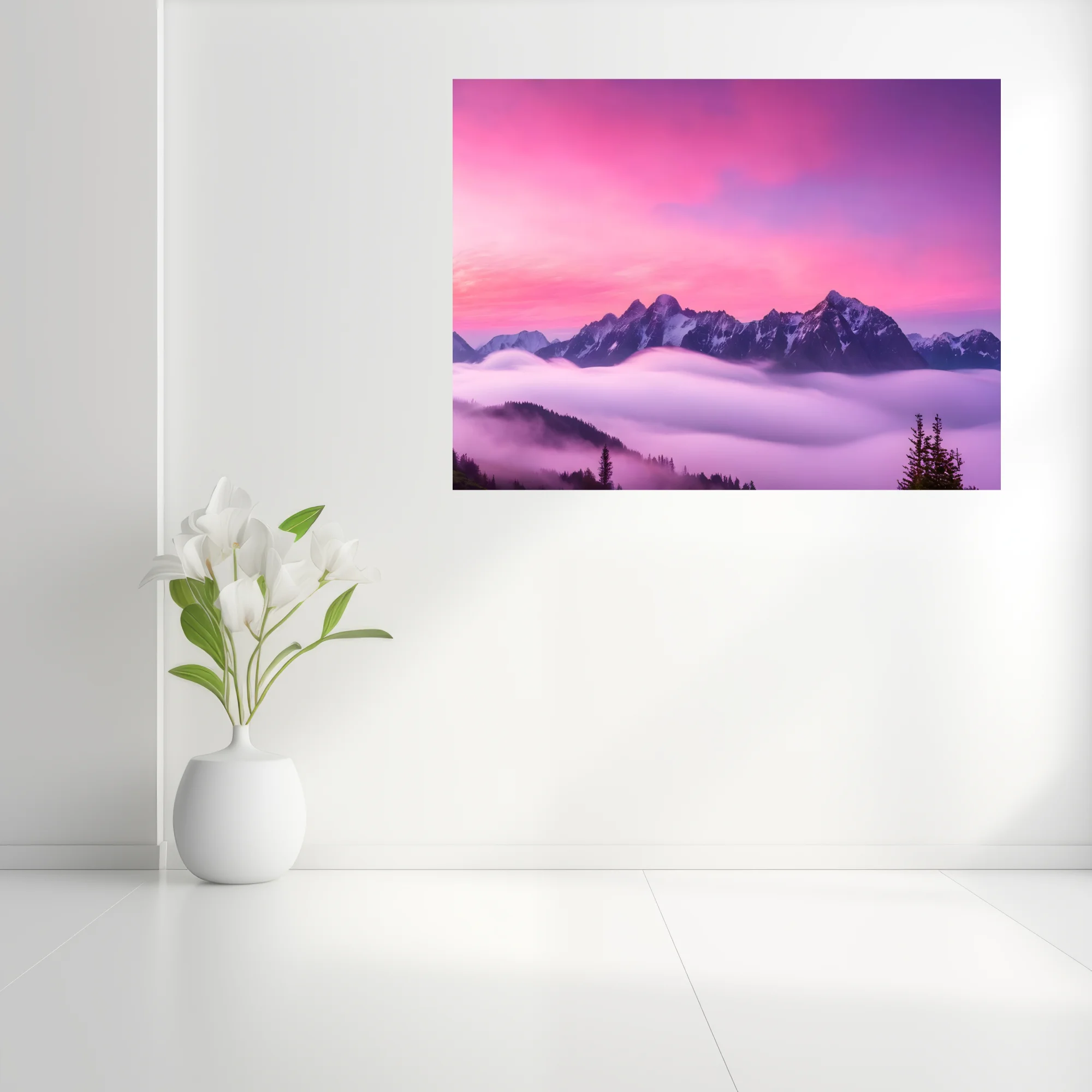 Dreamlike alpine peaks rising through pink-violet misty clouds at dramatic sunset