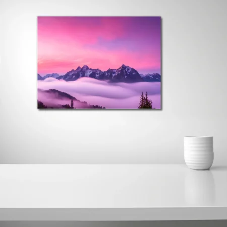 Dreamlike alpine peaks rising through pink-violet misty clouds at dramatic sunset
