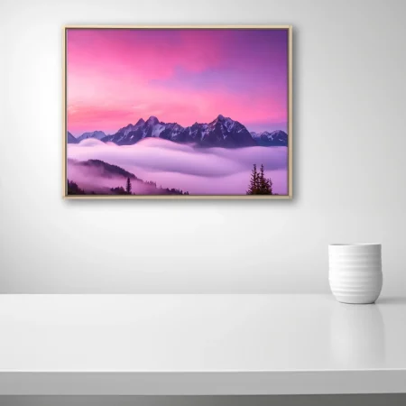 Dreamlike alpine peaks rising through pink-violet misty clouds at dramatic sunset