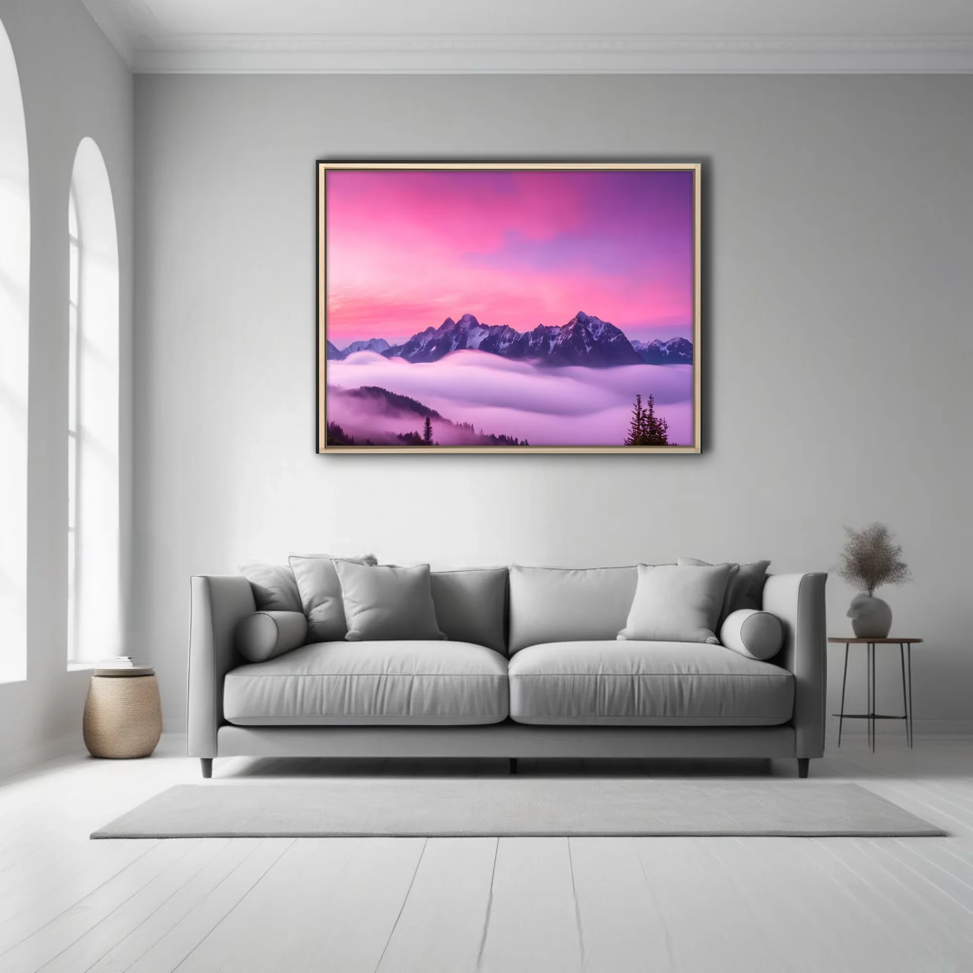 Dreamlike alpine peaks rising through pink-violet misty clouds at dramatic sunset