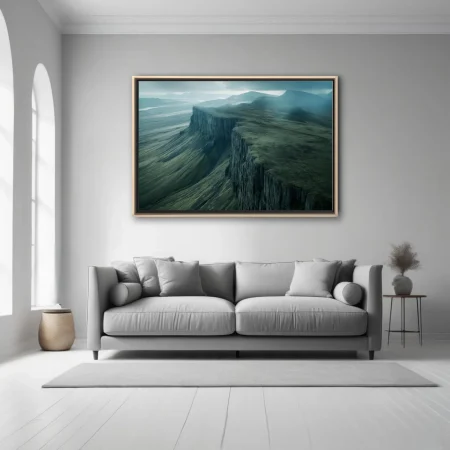 Aerial cliff landscape, deep teal tones, misty dramatic rock faces