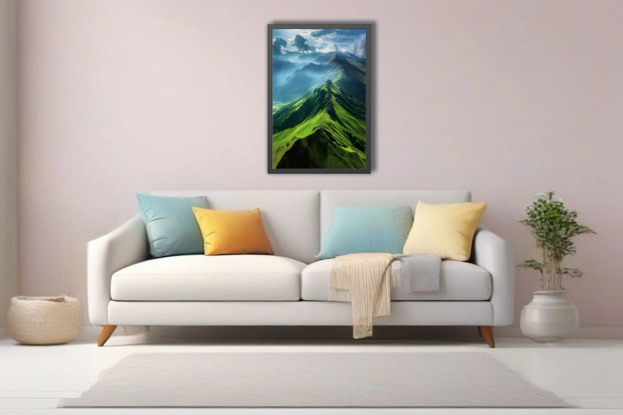 Aerial green mountain ridgeline with dramatic clouds and misty valleys
