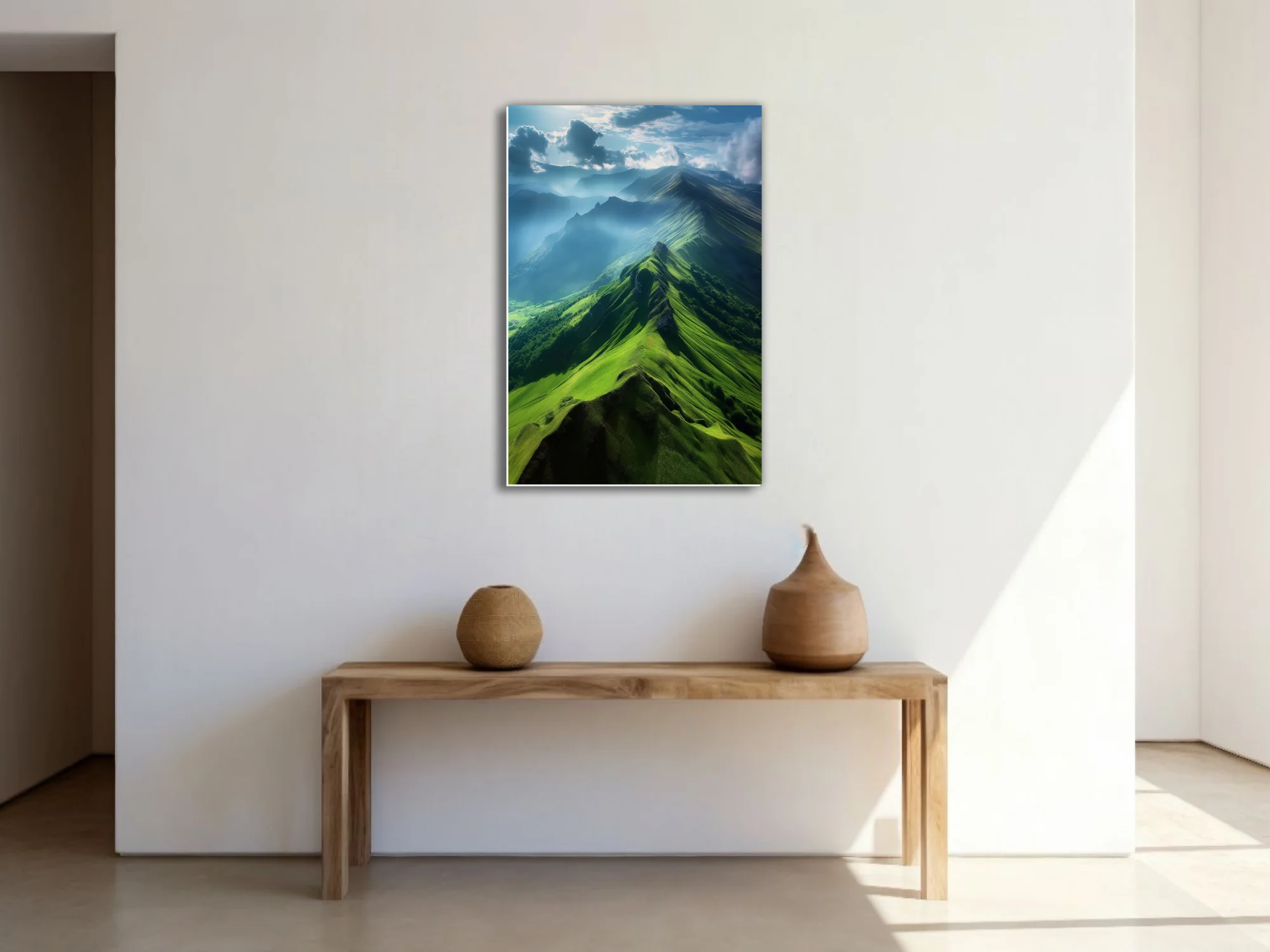 Aerial green mountain ridgeline with dramatic clouds and misty valleys