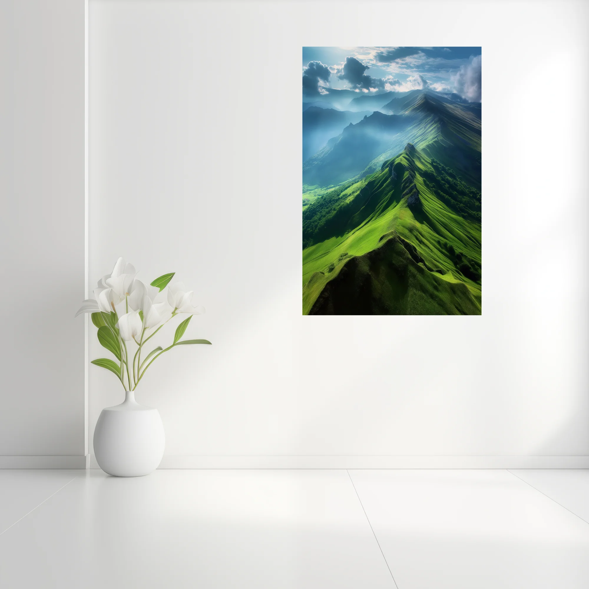 Aerial green mountain ridgeline with dramatic clouds and misty valleys