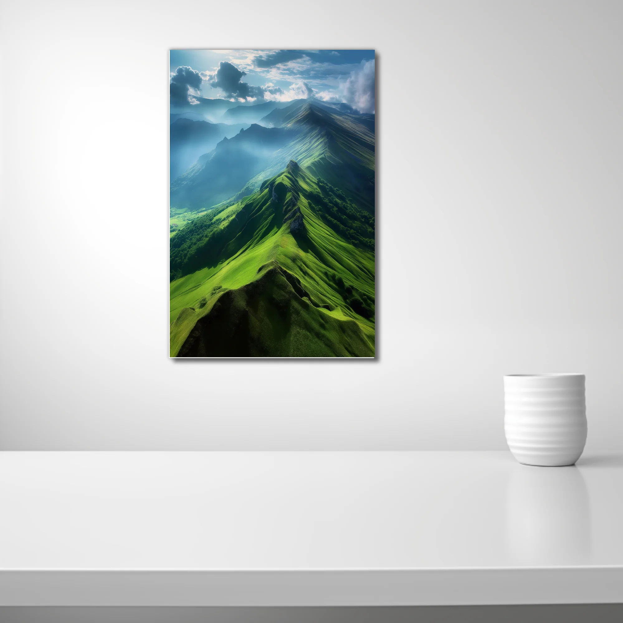 Aerial green mountain ridgeline with dramatic clouds and misty valleys
