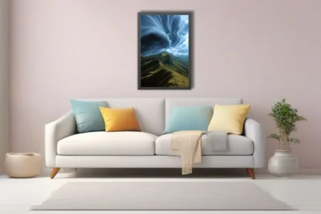 Dramatic storm clouds over green mountain ridgeline — landscape wall art