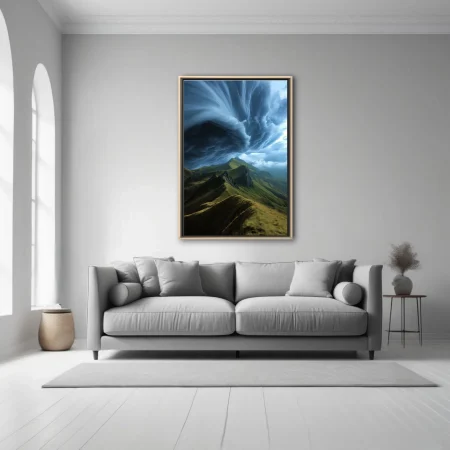 Dramatic storm clouds over green mountain ridgeline — landscape wall art