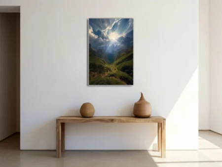 Dramatic alpine valley with sunrays piercing storm clouds over snow-capped mountain peaks