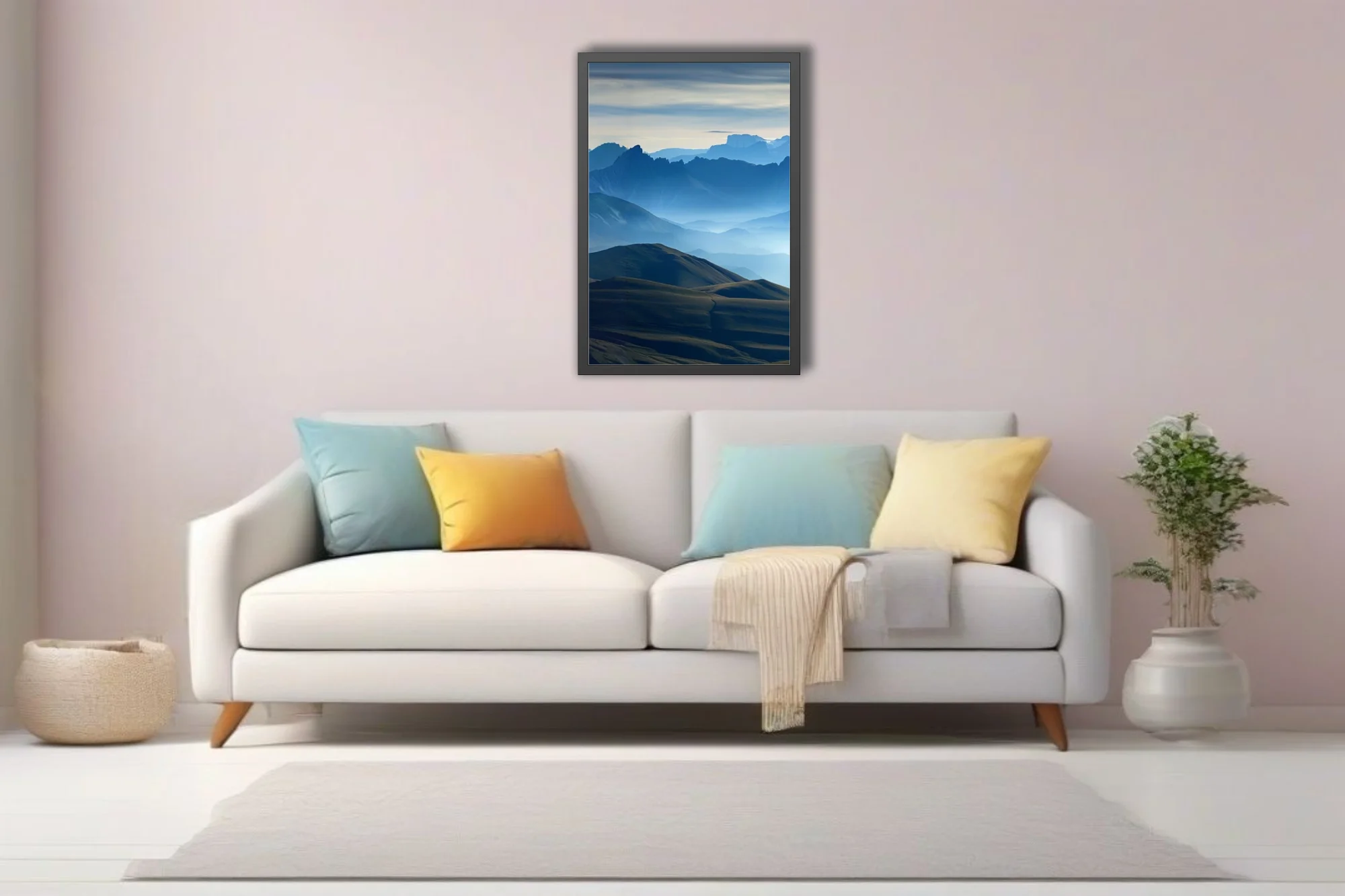 Misty blue mountain ranges with layered ridgelines and atmospheric haze