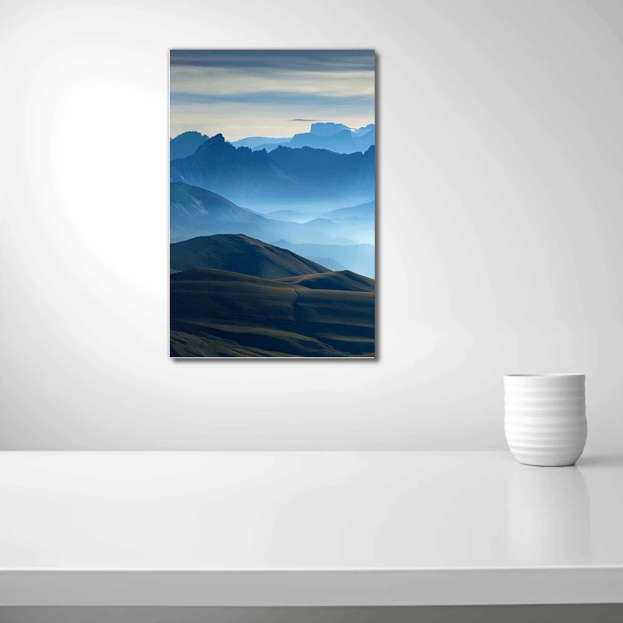Misty blue mountain ranges with layered ridgelines and atmospheric haze