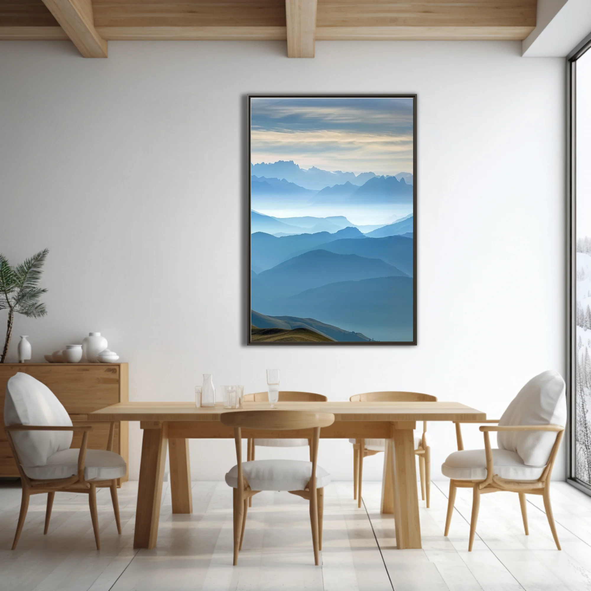 Misty blue layered mountain landscape with atmospheric haze and alpine ridgelines