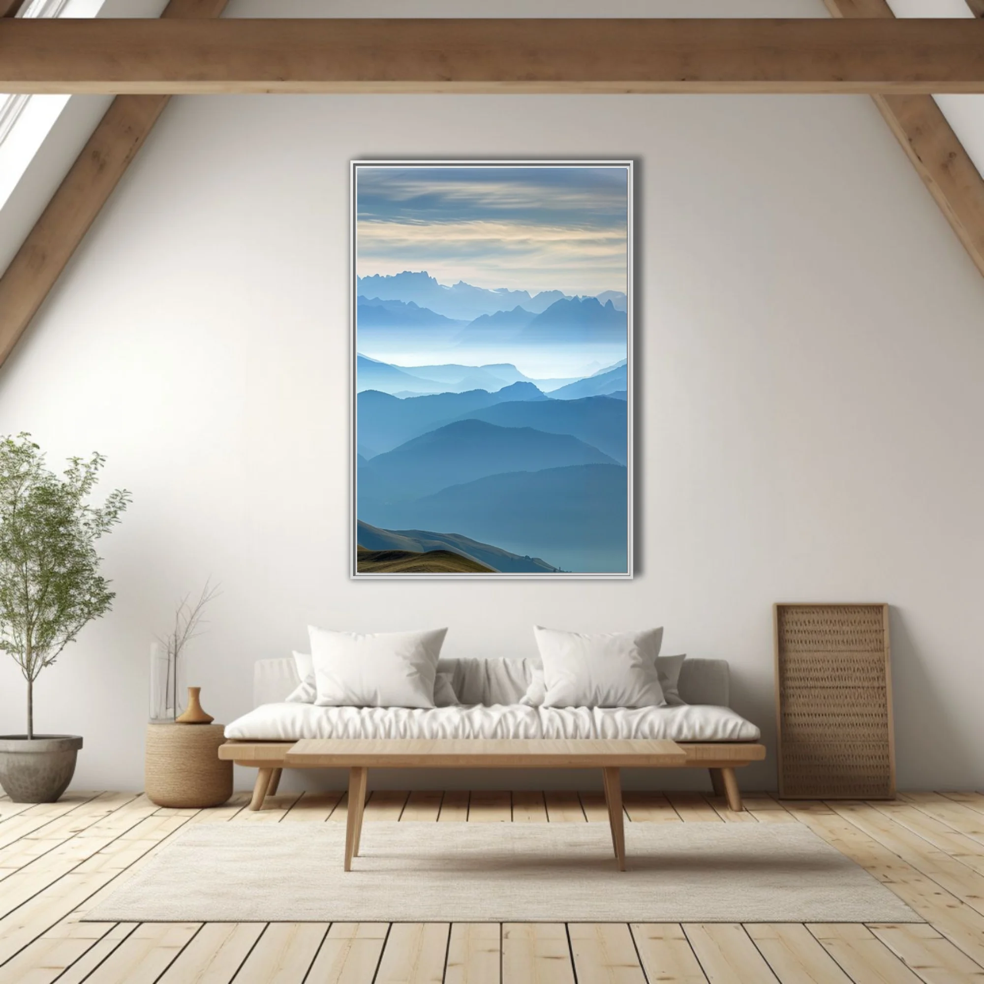 Misty blue layered mountain landscape with atmospheric haze and alpine ridgelines