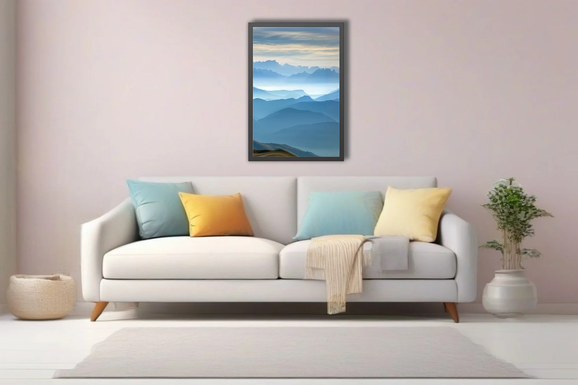 Misty blue layered mountain landscape with atmospheric haze and alpine ridgelines