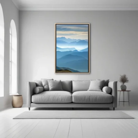 Misty blue layered mountain landscape with atmospheric haze and alpine ridgelines