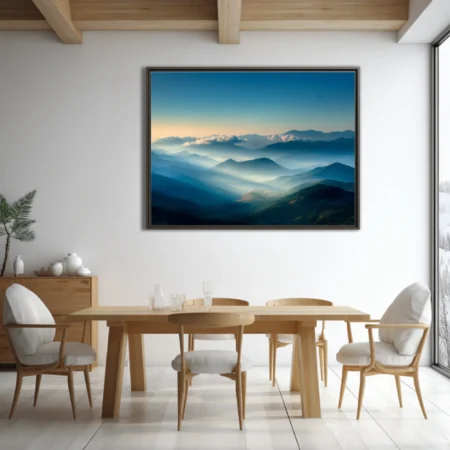 Misty mountain landscape at dawn, layered blue ridges and golden light