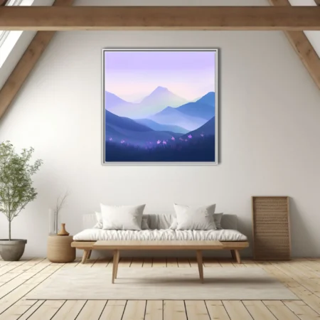 Minimalist purple mountain landscape with misty layers and wildflowers at dawn