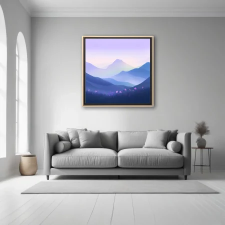 Minimalist purple mountain landscape with misty layers and wildflowers at dawn