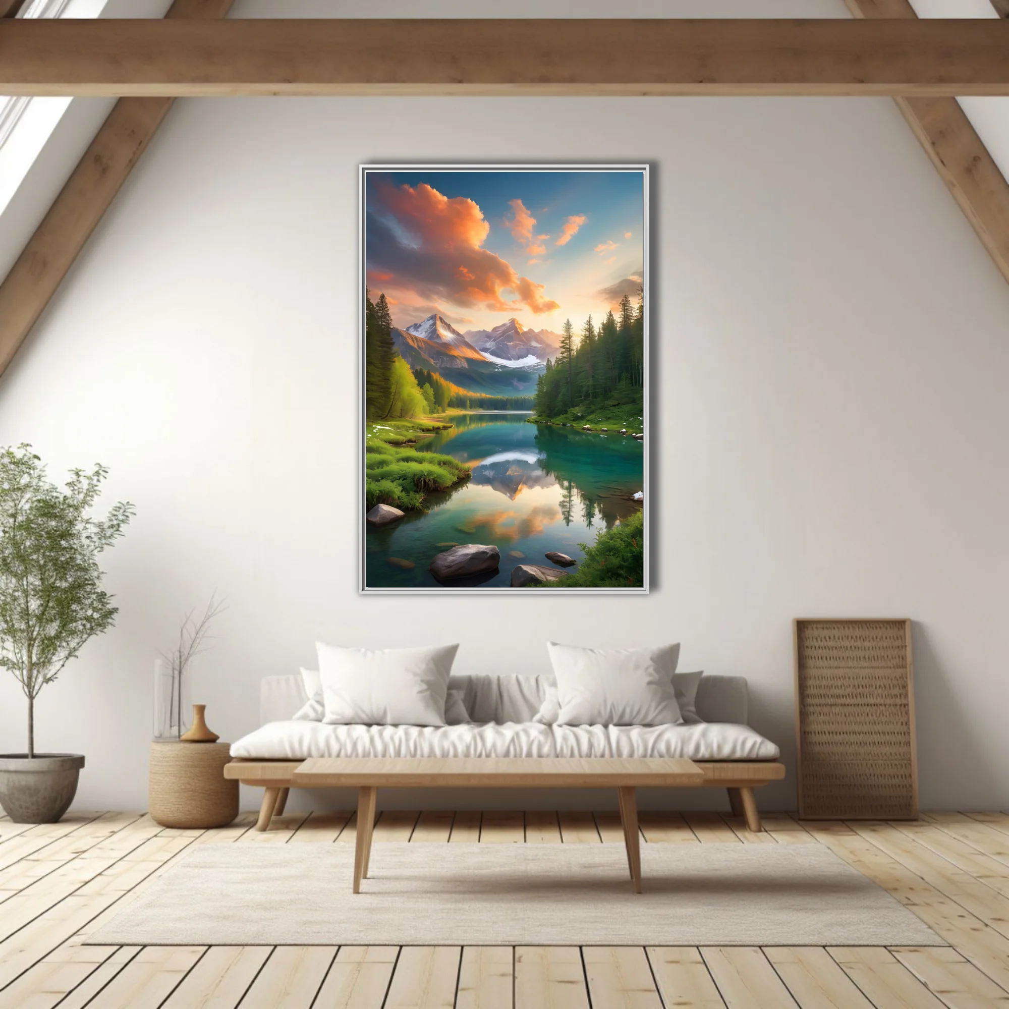 Alpine lake at sunset with snow-capped peaks and turquoise reflections