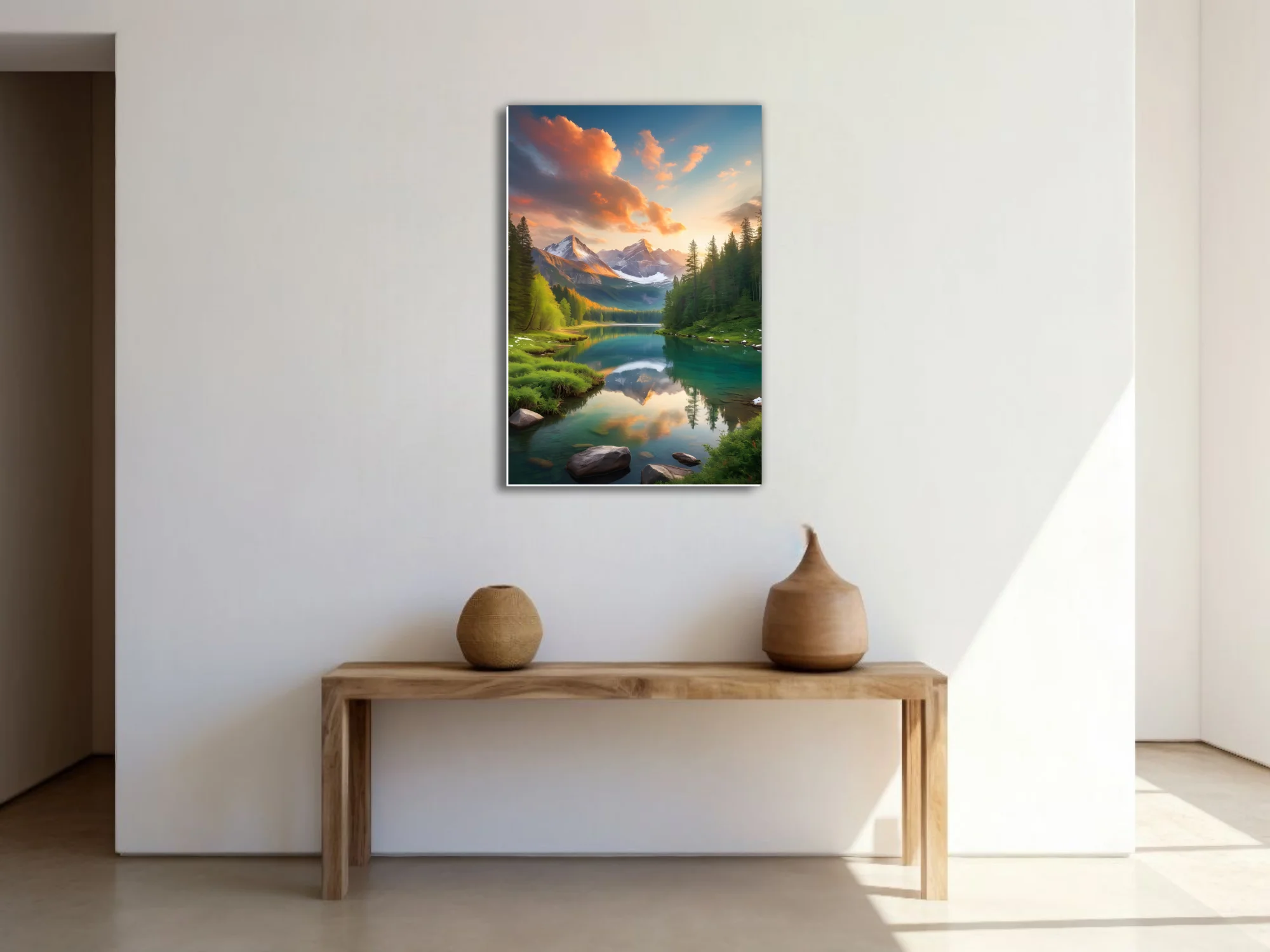 Alpine lake at sunset with snow-capped peaks and turquoise reflections