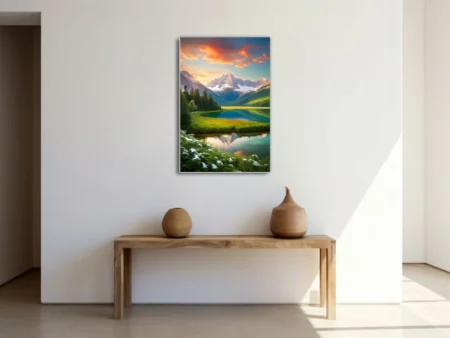 Alpine lake landscape, snow-capped mountains, vivid sunset sky, turquoise reflection